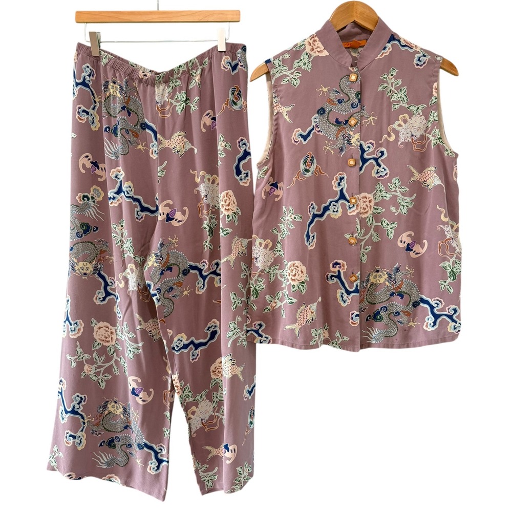 Harari 100% Silk Dragon Print 2 Piece Set Mandarin Collar Top Wide Leg Pants M